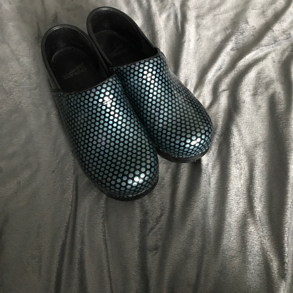 Size 38 Blue and Black Polka Dot Dansko Clogs